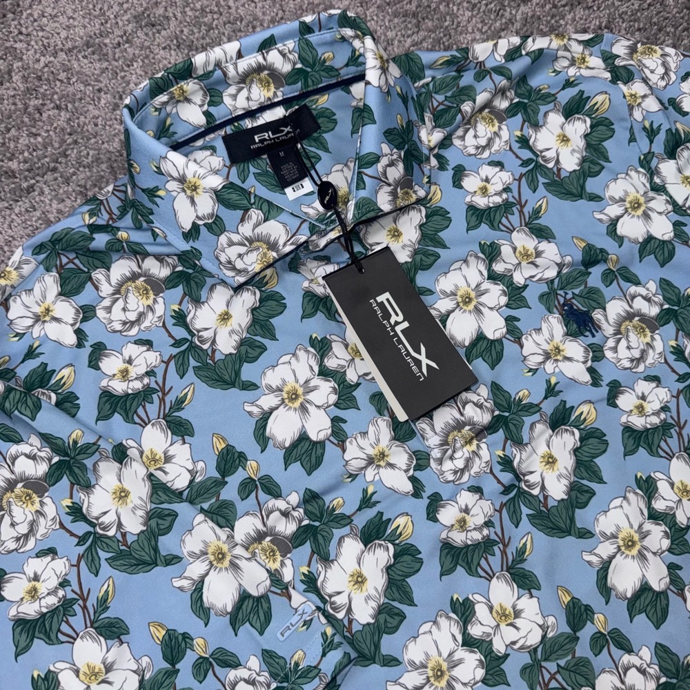 RLX Ralph Lauren Polo Shirt Mens Floral Stretch Blue Medium NEW